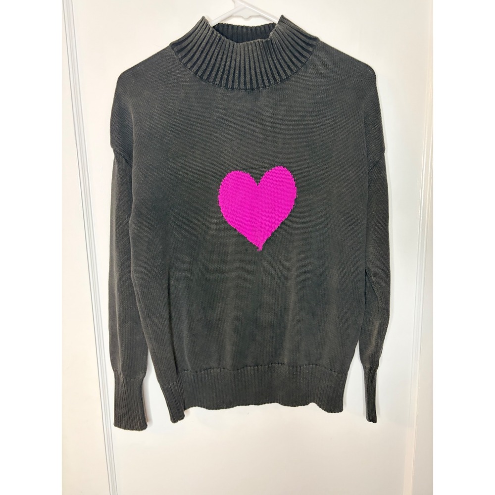Alison Sheri Women's Small Gray Knit Mock Neck Sweater Bright‎ Pink Heart